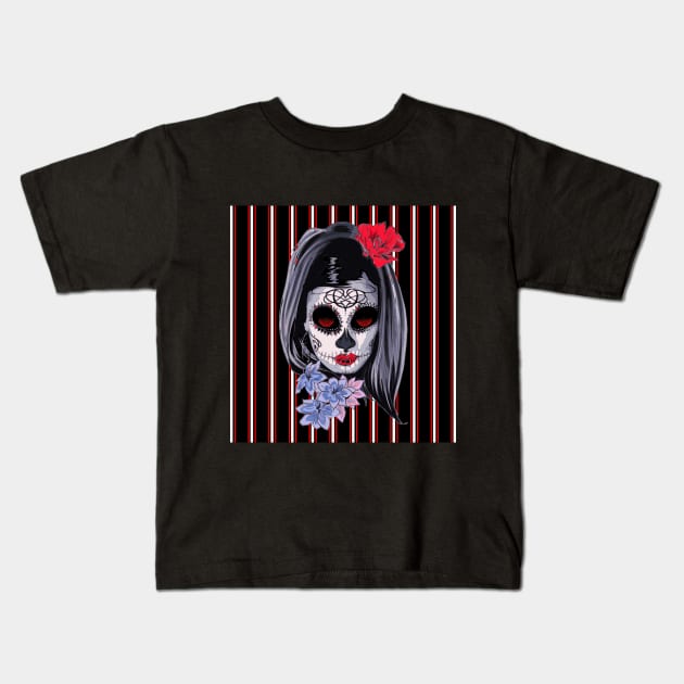 Red White and Black Striped Graphic & makeup mask,floral,flower skull Kids T-Shirt by SAM DLS